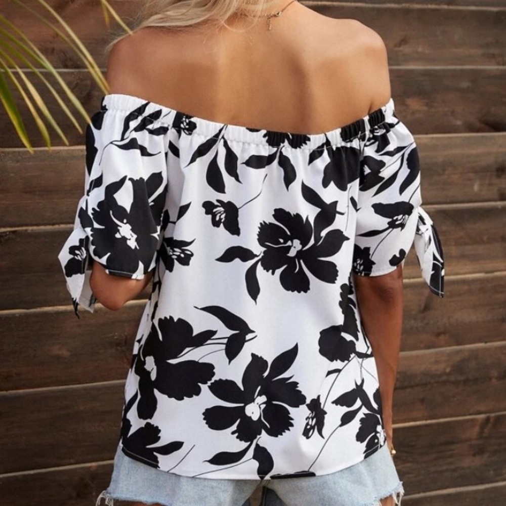 Boho floral off shoulder knot sleeve blouse - Picture 4 of 7